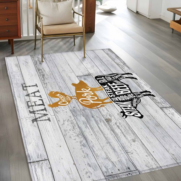 Rectangle Area Rug 3x5ft,Farm Animal Meat Washable Carpet Non-Slip Runner Accent Rugs Indoor Floor Mat for Bedroom Living Room Decor,Vintage Chicken Pork and Beef on Wood Board