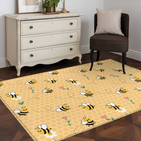 Rectangle Area Rug 3x5ft,Farm Seamless Bees Flower Washable Carpet Non-Slip Runner Accent Rugs Indoor Floor Mat for Bedroom Living Room Decor,Rustic Yellow Honeycomb