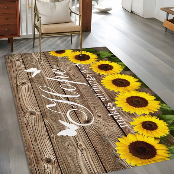 Rectangle Area Rug 3x5ft,Farm Sunflower Positive Energy Quote Washable Carpet Non-Slip Runner Accent Rugs Indoor Floor Mat for Bedroom Living Room Decor,Retro Dark Brown Wood Grain