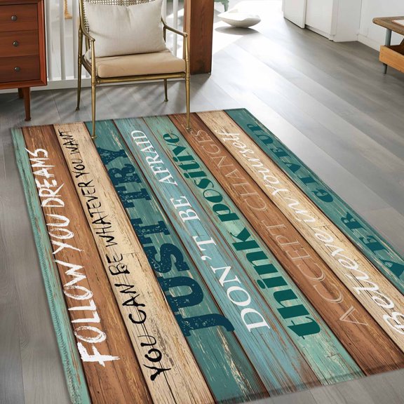 Rectangle Area Rug 3x5ft,Farmhosue Motivational Quotes Washable Carpet Non-Slip Runner Accent Rugs Indoor Floor Mat for Bedroom Living Room Decor,Farm Wood Plank