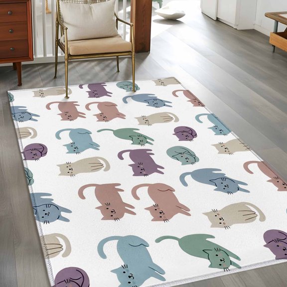 Rectangle Area Rug 3x5ft,Farmhouse Cat Cute Animals Washable Carpet Non-Slip Runner Accent Rugs Indoor Floor Mat for Bedroom Living Room Decor,Blue Purple Brown Cats