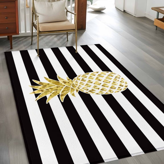 Rectangle Area Rug 3x5ft,Farmhouse Fruit Golden Pineapple Washable Carpet Non-Slip Runner Accent Rugs Indoor Floor Mat for Bedroom Living Room Decor,Black White Striped