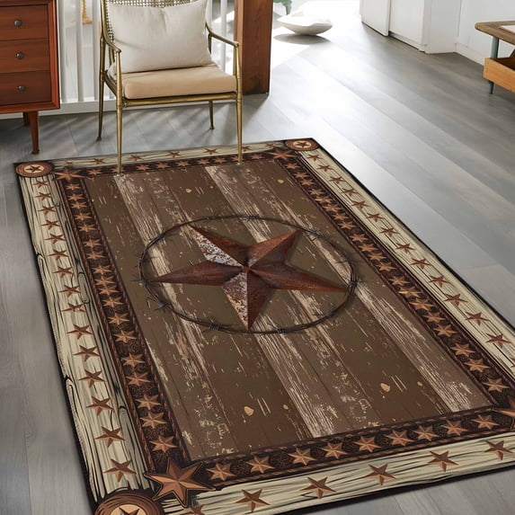 Rectangle Area Rug 3x5ft,Farmhouse Vintage Country Star Washable Carpet Non-Slip Runner Accent Rugs Indoor Floor Mat for Bedroom Living Room Decor,Rustic Shabby Wooden Plank