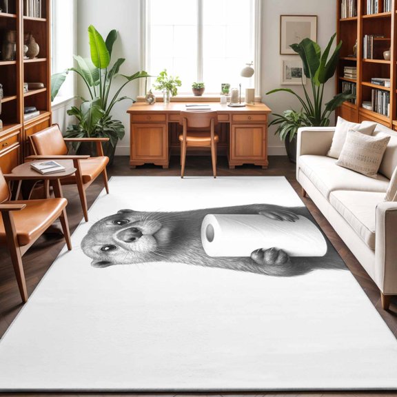 Rectangle Area Rug 3x5ft,Funny Grey Otters Rolls Toilets Living Room Rug Non-Slip Washable Circle Rugs Pad,Abstract Art Soft Floor Carpet for Bedroom Dining Room