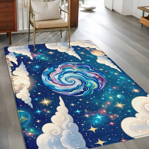 Rectangle Area Rug 3x5ft,Galaxy Earth Stars Moon Planets Washable Carpet Non-Slip Runner Accent Rugs Indoor Floor Mat for Bedroom Living Room Decor,Dream Sky Cloud