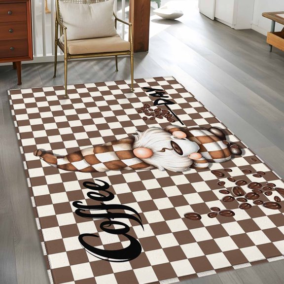Rectangle Area Rug 3x5ft,Gnome Coffee Beans Washable Carpet Non-Slip Runner Accent Rugs Indoor Floor Mat for Bedroom Living Room Decor,Classic Brown Buffalo Plaid