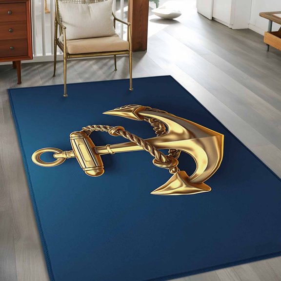 Rectangle Area Rug 3x5ft,Gold Ship Anchor Washable Carpet Non-Slip Runner Accent Rugs Indoor Floor Mat for Bedroom Living Room Decor,Blue Background