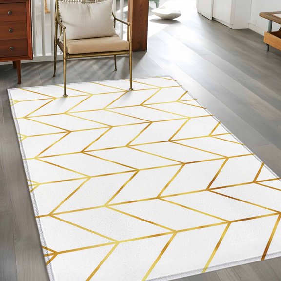 Rectangle Area Rug 3x5ft,Golden Lines Chevron Washable Carpet Non-Slip Runner Accent Rugs Indoor Floor Mat for Bedroom Living Room Decor,Abstract Herringbone on White