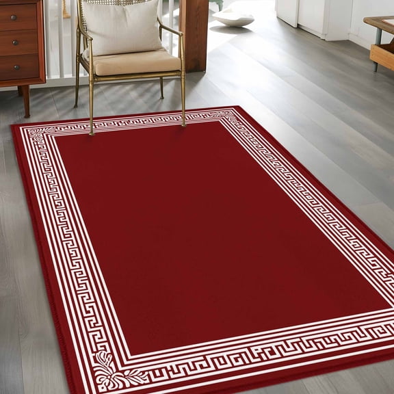 Rectangle Area Rug 3x5ft,Greek Abstract Inspired Key Pattern Washable Carpet Non-Slip Runner Accent Rugs Indoor Floor Mat for Bedroom Living Room Decor,Geometric Twist Line on Red