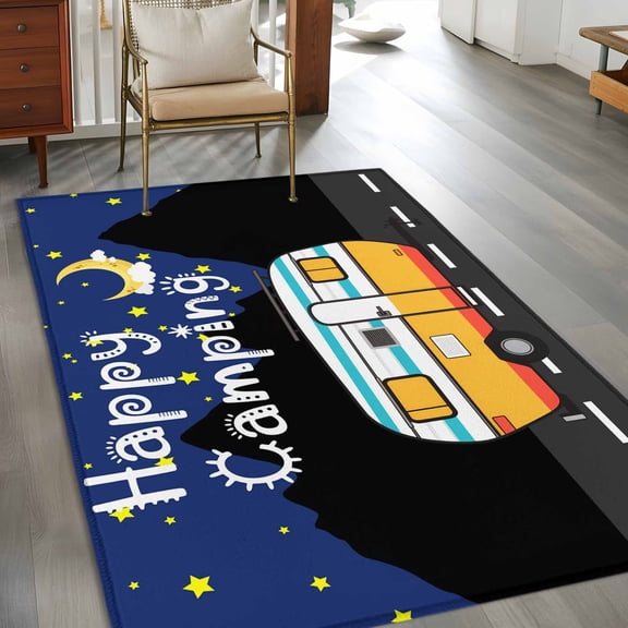 Rectangle Area Rug 3x5ft,Happy Camping RV Night Star Moon Washable Carpet Non-Slip Runner Accent Rugs Indoor Floor Mat for Bedroom Living Room Decor,Farm Mountain Watercolor Truck