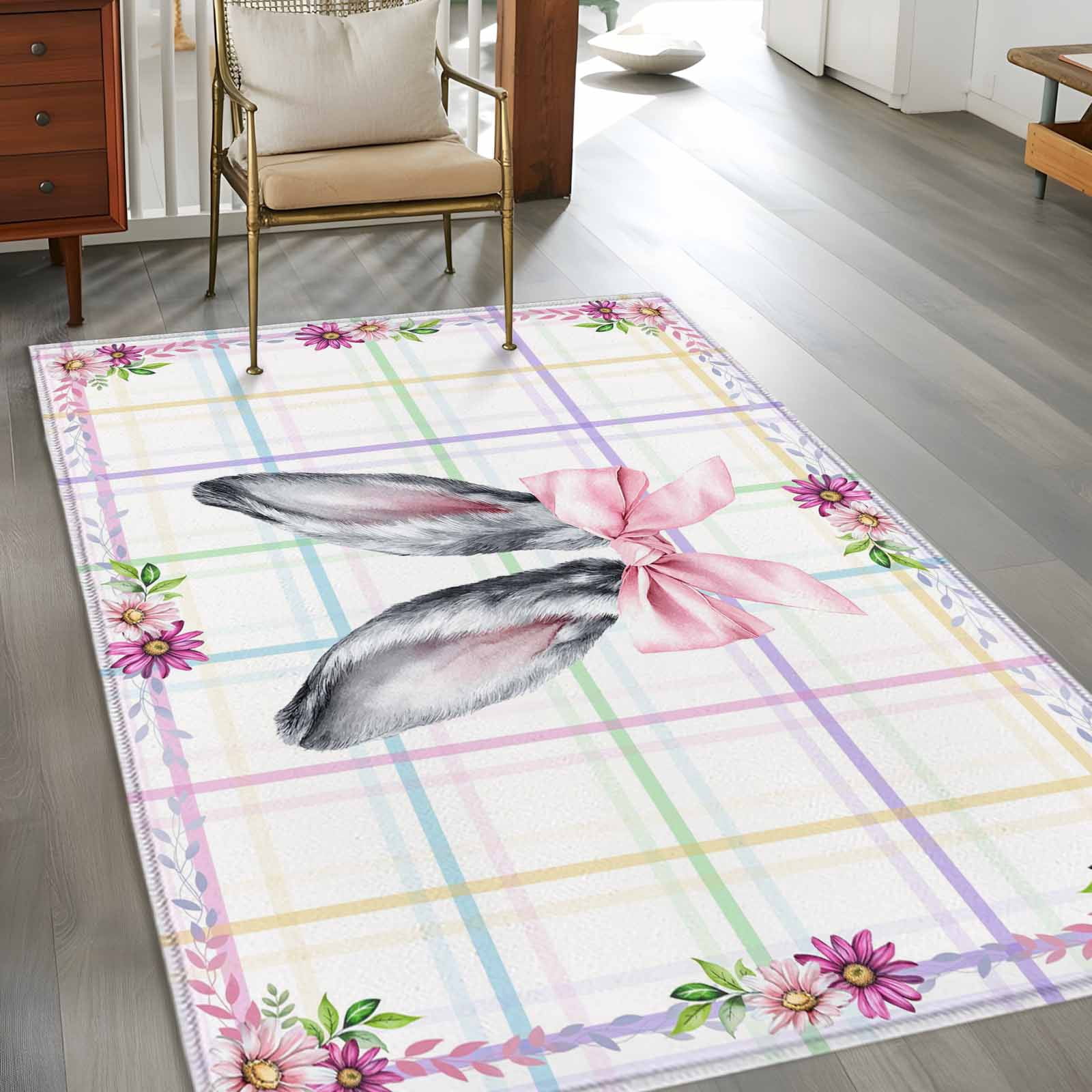 Rectangle Area Rug 3x5ft,Happy Easter Bunny Ears Pink Bow Washable ...