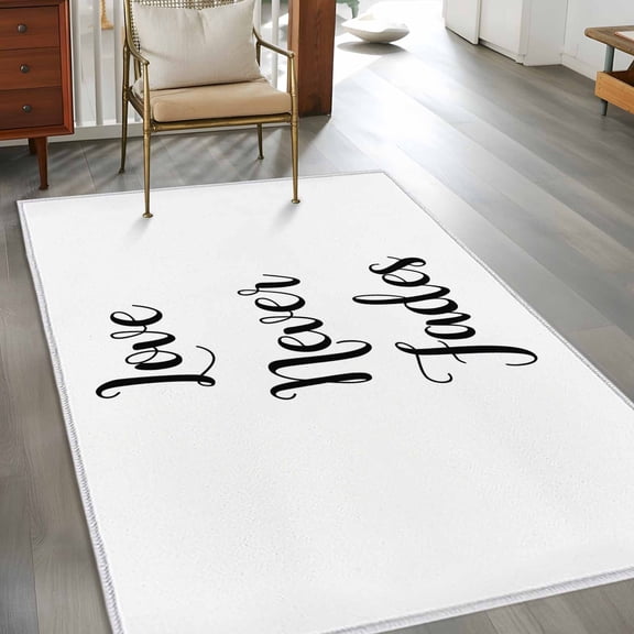 Rectangle Area Rug 3x5ft,Love Never Fades Quote Black White Washable Carpet Non-Slip Runner Accent Rugs Indoor Floor Mat for Bedroom Living Room Decor,Simple Abstract Text