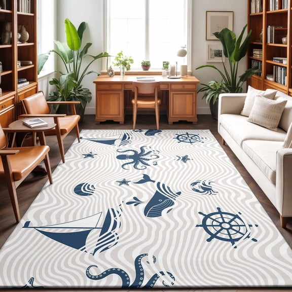 Rectangle Area Rug 3x5ft,Marine Life Whales Octopus Living Room Rug Non-Slip Washable Circle Rugs Pad,Abstract Geometric Stripes Soft Floor Carpet for Bedroom Dining Room