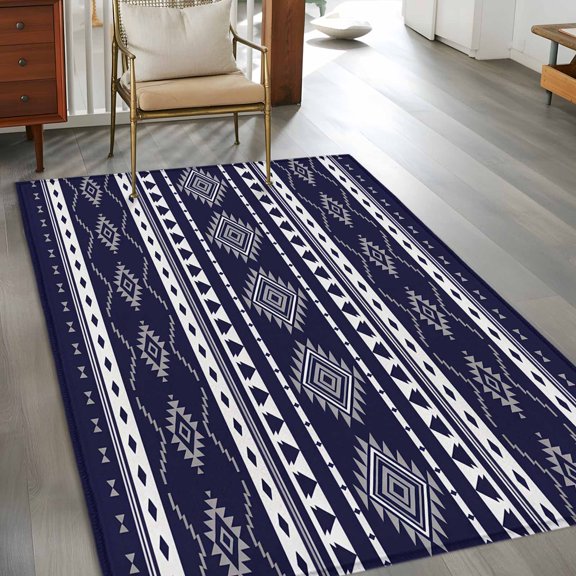Rectangle Area Rug 3x5ft,Medieval Aztec Geometric Navy Blue Washable Carpet Non-Slip Runner Accent Rugs Indoor Floor Mat for Bedroom Living Room Decor,Abstract Tribal Pattern