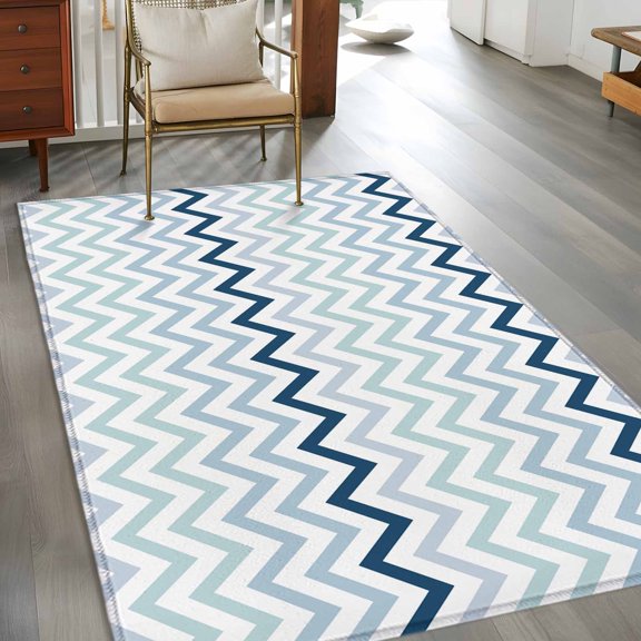 Rectangle Area Rug 3x5ft,Nautical Blue Herringbone Washable Carpet Non-Slip Runner Accent Rugs Indoor Floor Mat for Bedroom Living Room Decor,Abstract Geometric Wavy Lines