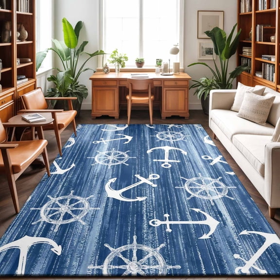 Rectangle Area Rug 3x5ft,Nautical Compass Anchor Washable Carpet Non-Slip Runner Accent Rugs Indoor Floor Mat for Bedroom Living Room Decor,Coastal Ocean Blue Theme