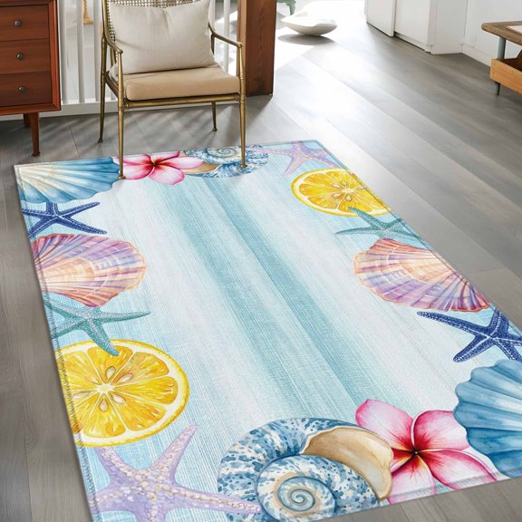 Rectangle Area Rug 3x5ft,Ocean Life Starfish Shell Flower Lemon Washable Carpet Non-Slip Runner Accent Rugs Indoor Floor Mat for Bedroom Living Room Decor,Watercolor Marine Conch