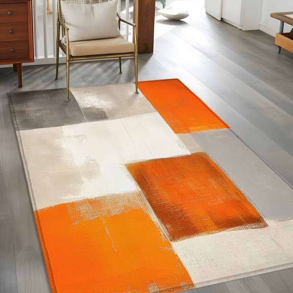 Rectangle Area Rug 3x5ft,Orange Grey Watercolor Graffiti Washable Carpet Non-Slip Runner Accent Rugs Indoor Floor Mat for Bedroom Living Room Decor,Abstract Art