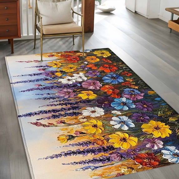 Rectangle Area Rug 3x5ft,Pastoral Watercolor Floral Artwork Washable Carpet Non-Slip Runner Accent Rugs Indoor Floor Mat for Bedroom Living Room Decor,Yellow Purple Red Daisy