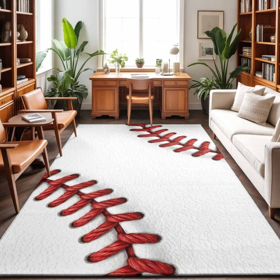 Rectangle Area Rug 3x5ft,Red White Baseball Stitching Texture Washable Carpet Non-Slip Runner Accent Rugs Indoor Floor Mat for Bedroom Living Room Decor,Sport Theme
