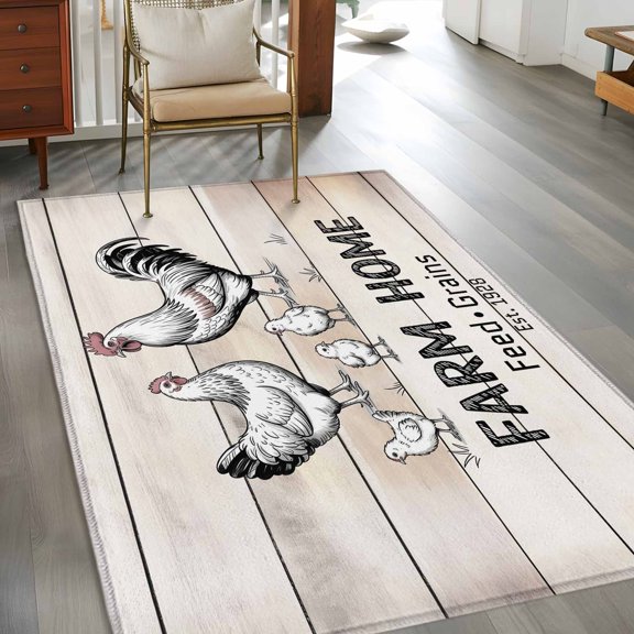 Rectangle Area Rug 3x5ft,Rustic Chicken Animal Farm Quote Washable Carpet Non-Slip Runner Accent Rugs Indoor Floor Mat for Bedroom Living Room Decor,Retro Wooden Plank