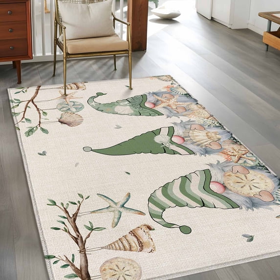 Rectangle Area Rug 3x5ft,Sage Green Gnome on Vintage Linen Washable Carpet Non-Slip Runner Accent Rugs Indoor Floor Mat for Bedroom Living Room Decor,Ocean Starfish Shell