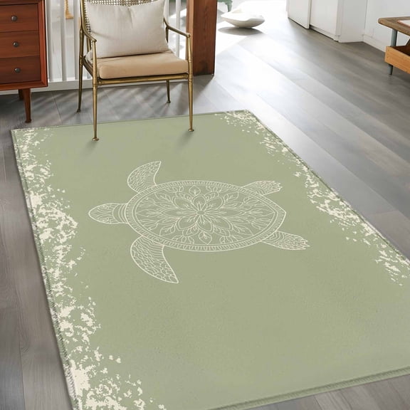 Rectangle Area Rug 3x5ft,Sage Green Sea Turtle Flower Washable Carpet Non-Slip Runner Accent Rugs Indoor Floor Mat for Bedroom Living Room Decor,Abstract Marine Life