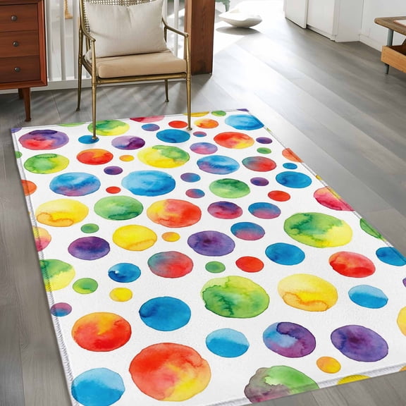 Rectangle Area Rug 3x5ft,Seamless Colorful Polka Dots Washable Carpet Non-Slip Runner Accent Rugs Indoor Floor Mat for Bedroom Living Room Decor,Watercolor Circle on White
