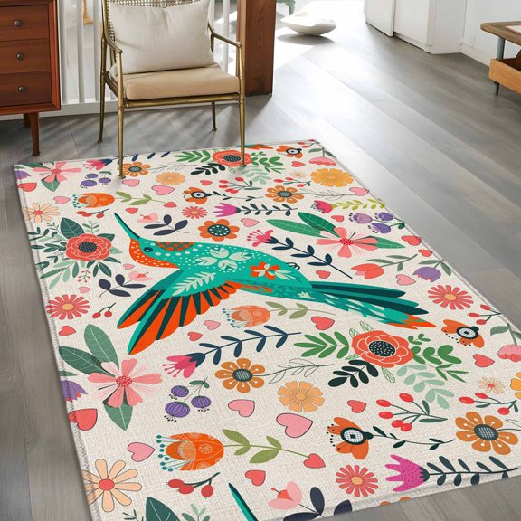 Rectangle Area Rug 3x5ft,Spring Blossom Flower Hummingbird Washable Carpet Non-Slip Runner Accent Rugs Indoor Floor Mat for Bedroom Living Room Decor,Floral Plant on Beige Linen