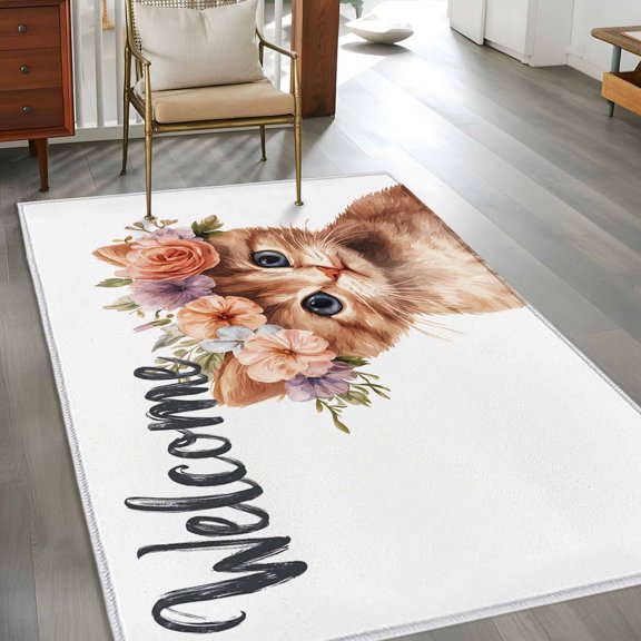 Rectangle Area Rug 3x5ft,Spring Cute Cat Watercolor Flower Garland Washable Carpet Non-Slip Runner Accent Rugs Indoor Floor Mat for Bedroom Living Room Decor,Animal Portrait