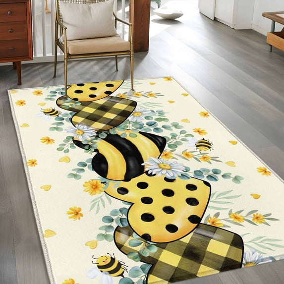 Rectangle Area Rug 3x5ft,Spring Flower Eucalyptus Leaf Washable Carpet Non-Slip Runner Accent Rugs Indoor Floor Mat for Bedroom Living Room Decor,Pastoral Yellow Bee Love Heart