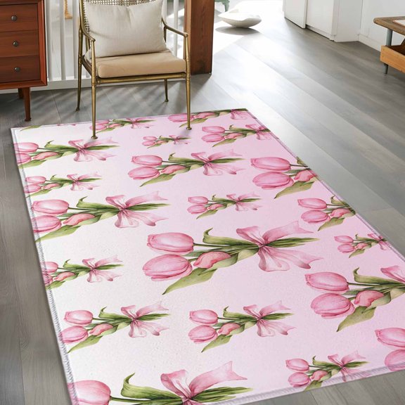 Rectangle Area Rug 3x5ft,Spring Watercolor Pink Tulips Leaves Bow Washable Carpet Non-Slip Runner Accent Rugs Indoor Floor Mat for Bedroom Living Room Decor,Gradual Art
