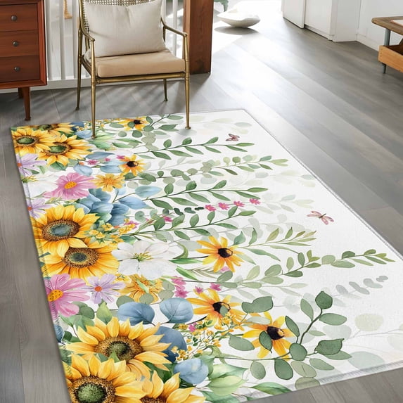 Rectangle Area Rug 3x5ft,Sunflower Green Leaf Watercolor Washable Carpet Non-Slip Runner Accent Rugs Indoor Floor Mat for Bedroom Living Room Decor,Blossom Floral