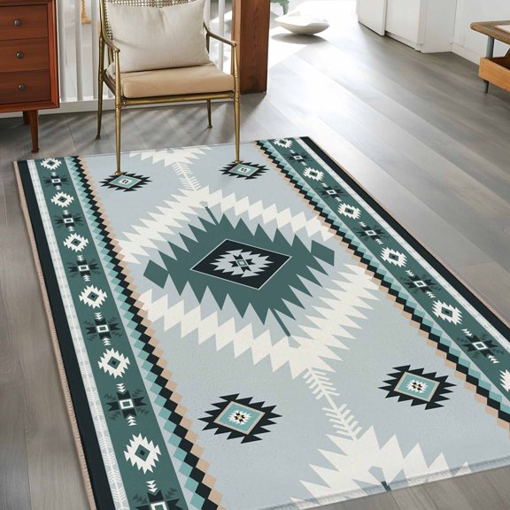 Rectangle Area Rug 3x5ft,Teal Aztec Tribal Style Washable Carpet Non-Slip Runner Accent Rugs Indoor Floor Mat for Bedroom Living Room Decor,Ethnic Southwest Native Pattern