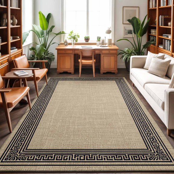 Rectangle Area Rug 3x5ft,Vintage Greece Pattern Living Room Rug Non-Slip Washable Circle Rugs Pad,Geometric Black Line on Brown Soft Floor Carpet for Bedroom Dining Room