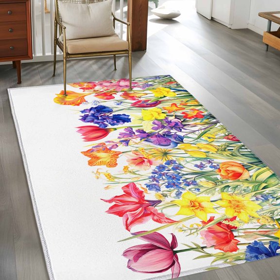 Rectangle Area Rug 3x5ft,Watercolor Colorful Floral Field Washable Carpet Non-Slip Runner Accent Rugs Indoor Floor Mat for Bedroom Living Room Decor,Blossoms Flower on White