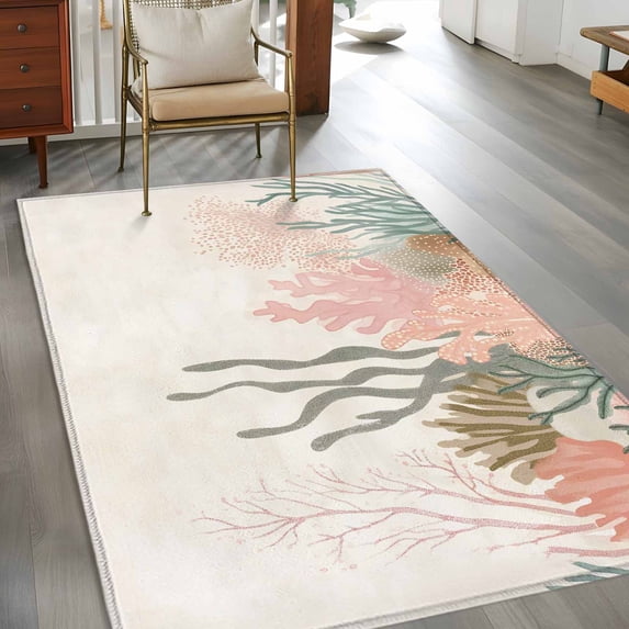Rectangle Area Rug 3x5ft,Watercolor Ocean Coral Washable Carpet Non-Slip Runner Accent Rugs Indoor Floor Mat for Bedroom Living Room Decor,Abstract Marine Life
