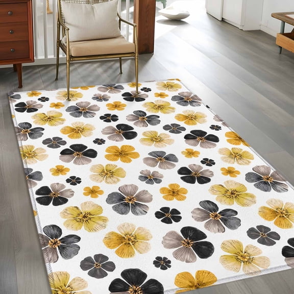 Rectangle Area Rug 3x5ft,Watercolor Yellow Black Flower Washable Carpet Non-Slip Runner Accent Rugs Indoor Floor Mat for Bedroom Living Room Decor,Rustic Pastoral Botanical