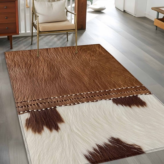 Rectangle Area Rug 3x5ft,Western Cow Leather Texture Washable Carpet Non-Slip Runner Accent Rugs Indoor Floor Mat for Bedroom Living Room Decor,Abstract Brown White Cow Print