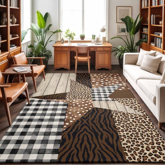 Rectangle Area Rug 3x5ft,Western Star Collage Washable Carpet Non-Slip Runner Accent Rugs Indoor Floor Mat for Bedroom Living Room Decor,Leopard Black Plaid Tiger Stripe