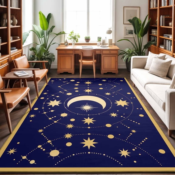Rectangle Area Rug 3x5ft,Yellow Moon Star Washable Carpet Non-Slip Runner Accent Rugs Indoor Floor Mat for Bedroom Living Room Decor,Abstract Polka Dot on Dark Blue