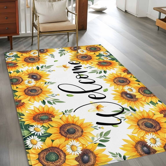 Rectangle Area Rug 3x5ft,Yellow Sunflower Pastoral Daisy Washable Carpet Non-Slip Runner Accent Rugs Indoor Floor Mat for Bedroom Living Room Decor,Butterfly Welcome Quote
