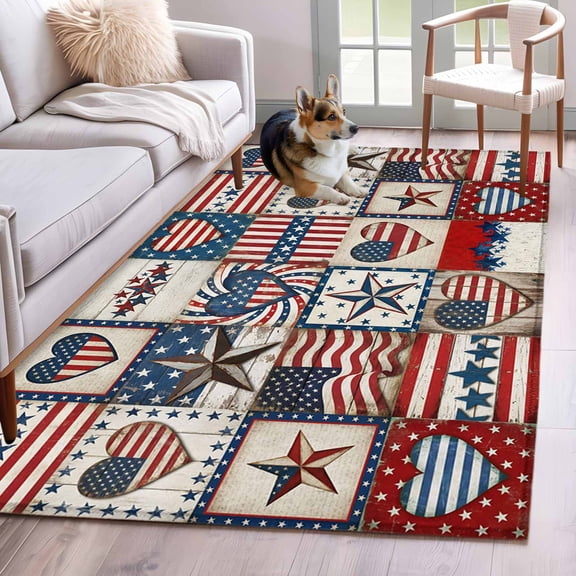 Rectangle Area Rug 4x6ft, 250th Anniversary Patriotic Patchwork Non-Slip Non-Shedding Floor Mat, Hearts Stars Flags Washable Sturdy Carpet for Living Room Bedroom Home Decor