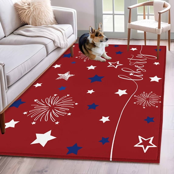 Rectangle Area Rug 4x6ft, 4th of July White Blue Star on Red Non-Shedding Washable Area Rug, Patriotic Liberty Concept Non Slip Low-Profile Rugs for Living Room, Bedroom Dining Room