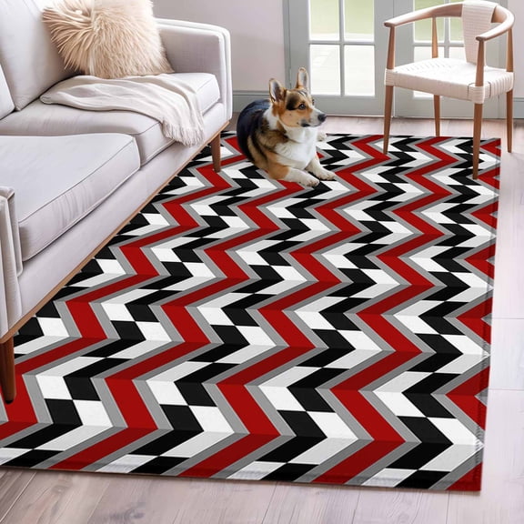 Rectangle Area Rug 4x6ft, Abstract Art Zig Zag Burgundy Red Striped Non-Shedding Washable Area Rug, Geometric Art Non Slip Low-Profile Rugs for Living Room, Bedroom Dining Room