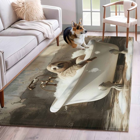 Rectangle Area Rug 4x6ft, Abstract Bathing Sloth Non-Shedding Washable Area Rug, Vintage Oil Painting Pattern Non Slip Low-Profile Rugs for Living Room, Bedroom Dining Room