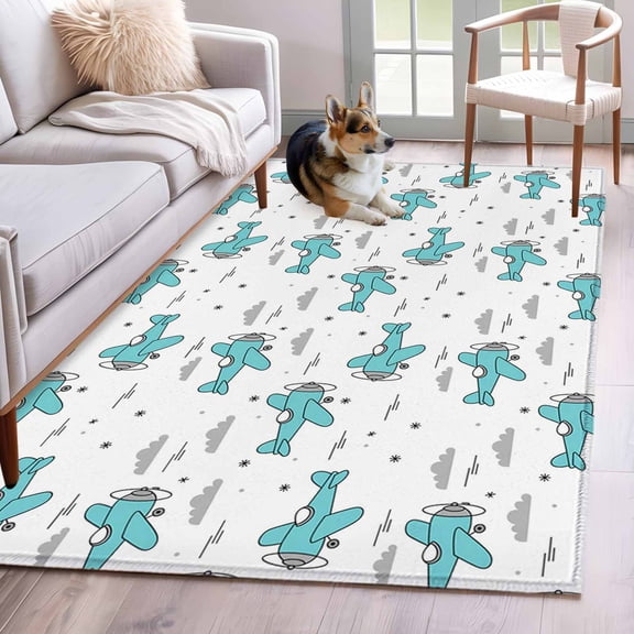 Rectangle Area Rug 4x6ft, Abstract Blue Aircraft Grey Clouds Non-Shedding Washable Area Rug, Modern Art Non Slip Low-Profile Rugs for Living Room, Bedroom Dining Room