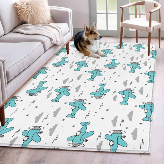 Rectangle Area Rug 4x6ft, Abstract Blue Aircraft Grey Clouds Non-Slip Non-Shedding Floor Mat, Modern Art Washable Sturdy Carpet for Living Room Bedroom Home Decor