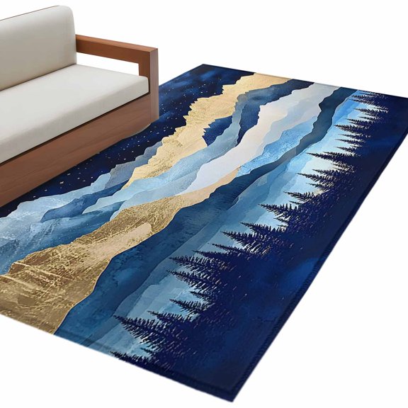 Rectangle Area Rug 4x6ft, Abstract Cartoon Landscape Hill Non-Slip Non-Shedding Floor Mat, Green Forest Lake Star Washable Sturdy Carpet for Living Room Bedroom Home Decor