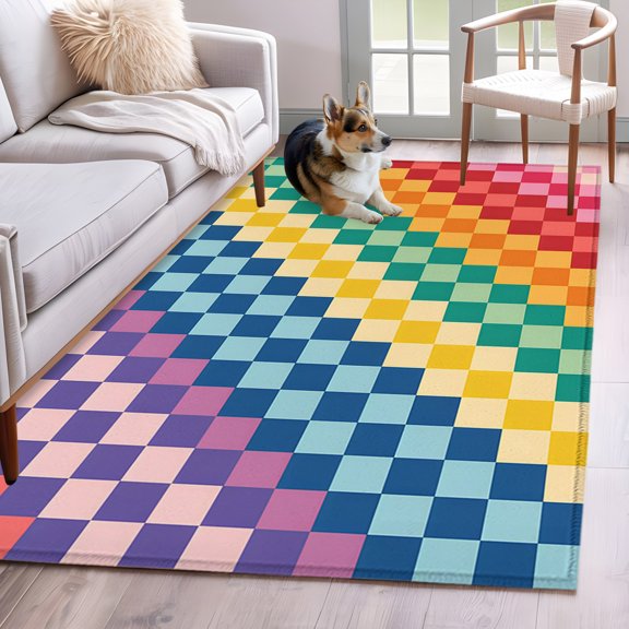 Rectangle Area Rug 4x6ft, Abstract Checkerboard Squares Non-Shedding Washable Area Rug, Blue Green Red Plaid Non Slip Low-Profile Rugs for Living Room, Bedroom Dining Room